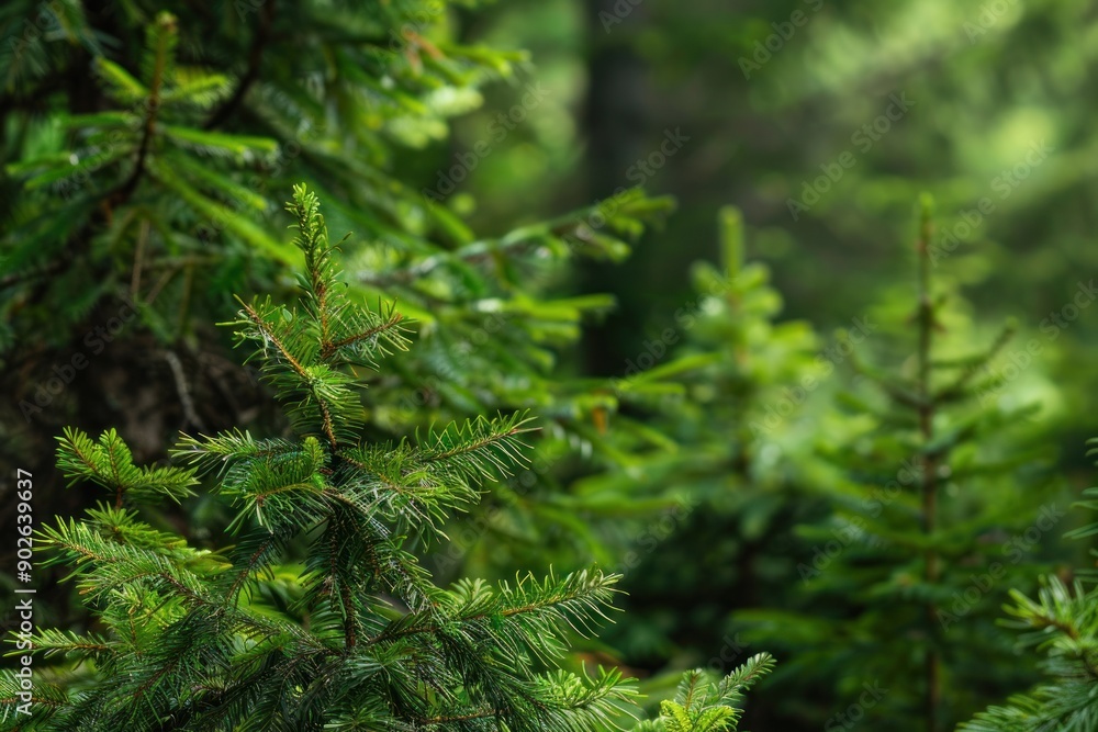 Close up Healthy green trees in a autumn forest of old spruce, fir and pine Close up Healthy green trees in a autumn forest of old spruce, fir and pine