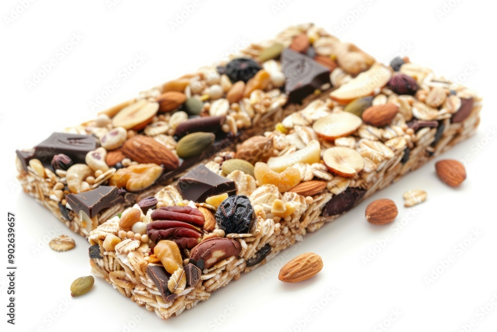 Close up Healthy Muesli bars with nuts,seeds and black chocolate Isolated on white background Close up Healthy Muesli bars with nuts,seeds and black chocolate Isolated on white background