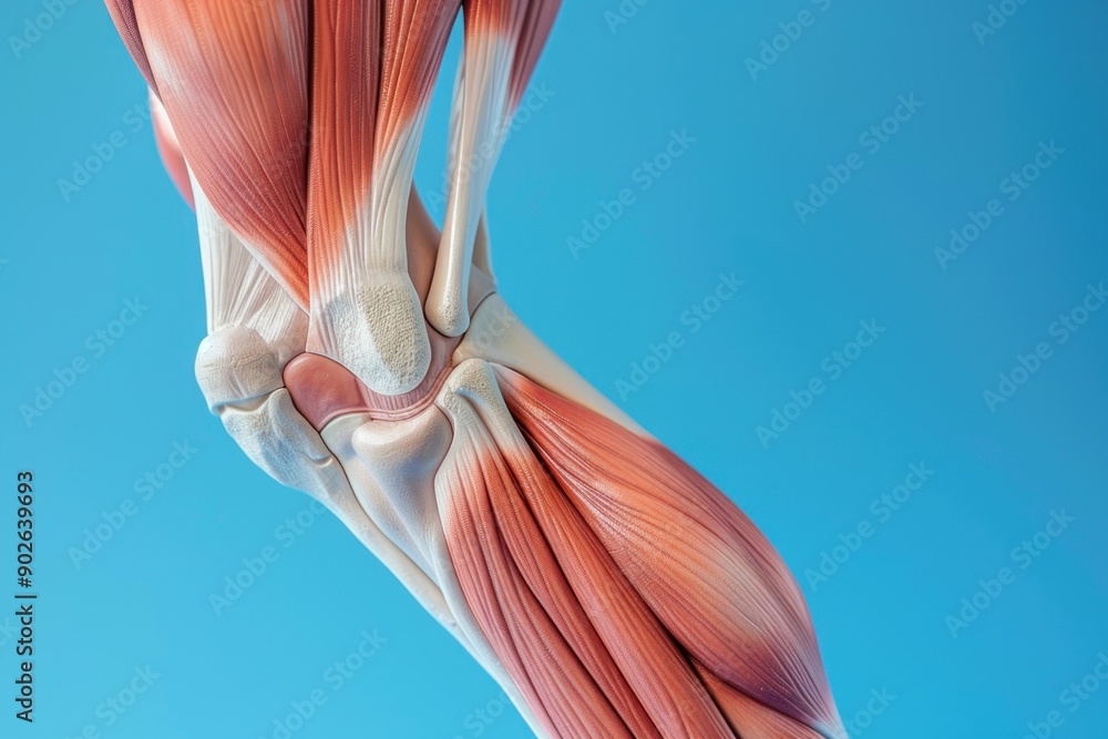 Close up leg muscles of the human body anatomy isolated on blue science background Close up leg muscles of the human body anatomy isolated on blue science background