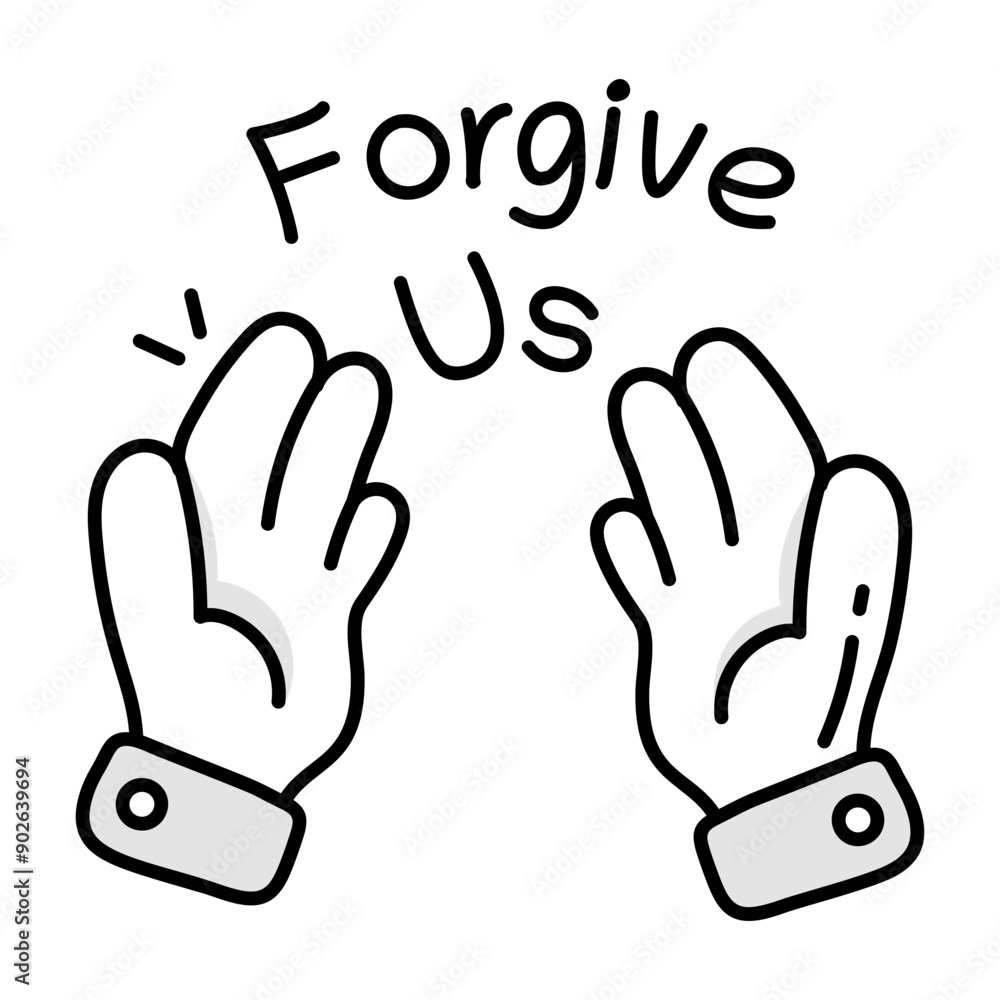 Fototapeta premium Praying hand with forgive us typography, doodle icon