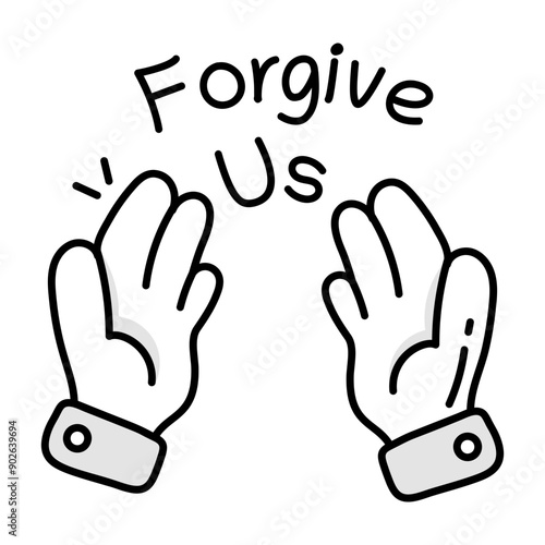 Praying hand with forgive us typography, doodle icon 

