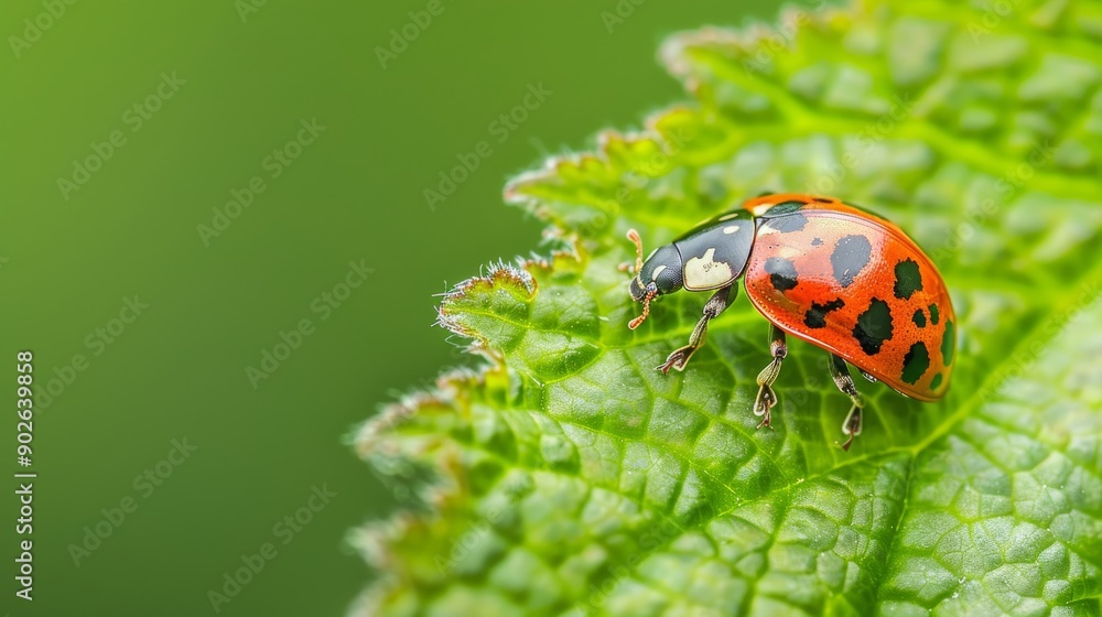 Fototapeta premium A small vibrant ladybug perches on a bright green leaf, showcasing its intricate patterns against a fresh natural backdrop