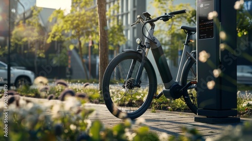 A modern electric bike is plugged into a cutting-edge charging station with a digital display, set amidst a flourishing urban landscape on a sunny day photo