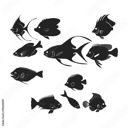 Silhouettes of different species of fish. Ideal for design.