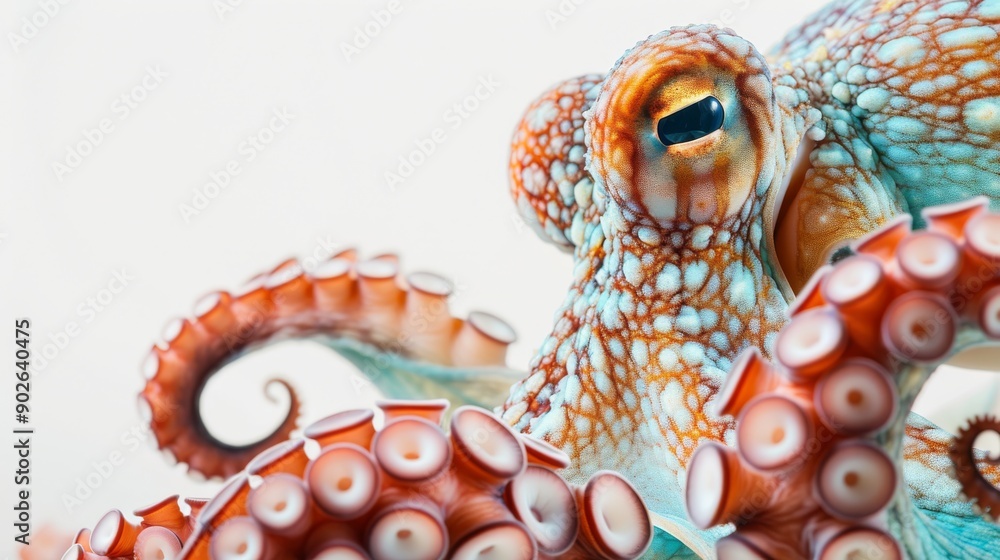 Obraz premium A vibrant octopus showcases its intricate textures and colors, blending seamlessly with a clean white background, capturing the beauty of marine life