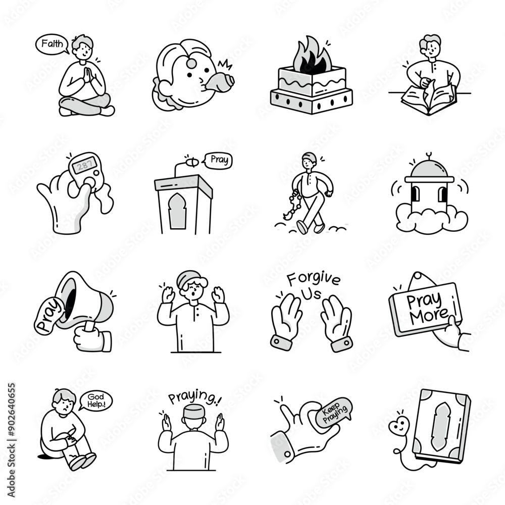 Naklejka premium Basic RGBSet of 16 Faith Doodle Style Icons