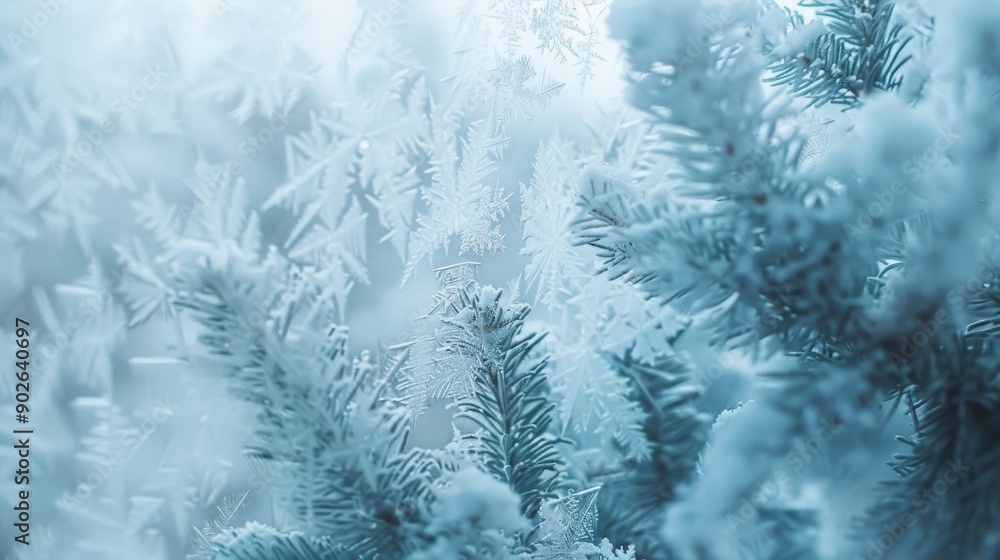 A closeup view through a frosted windowpane reveals intricate frost patterns and evergreen branches, creating a serene winter atmosphere indoors A closeup view through a frosted windowpane reveals intricate frost patterns and evergreen branches, creating a serene winter atmosphere indoors