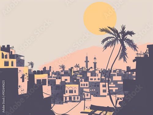 Risograph trendy riso print travel poster, card, wallpaper or banner illustration, modern, isolated, clear, simple of Baqubah, Iraq. Artistic, screen printing, stencil photo