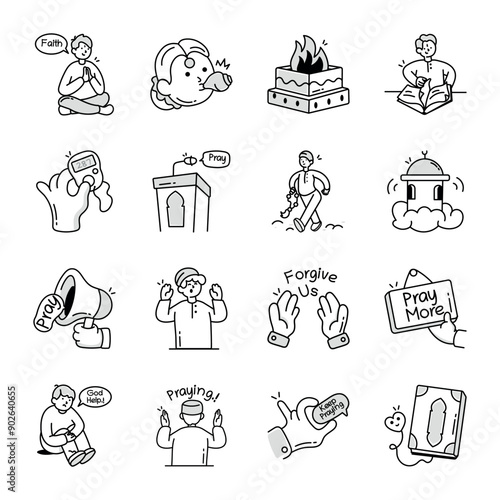 Basic RGBSet of 16 Faith Doodle Style Icons 

