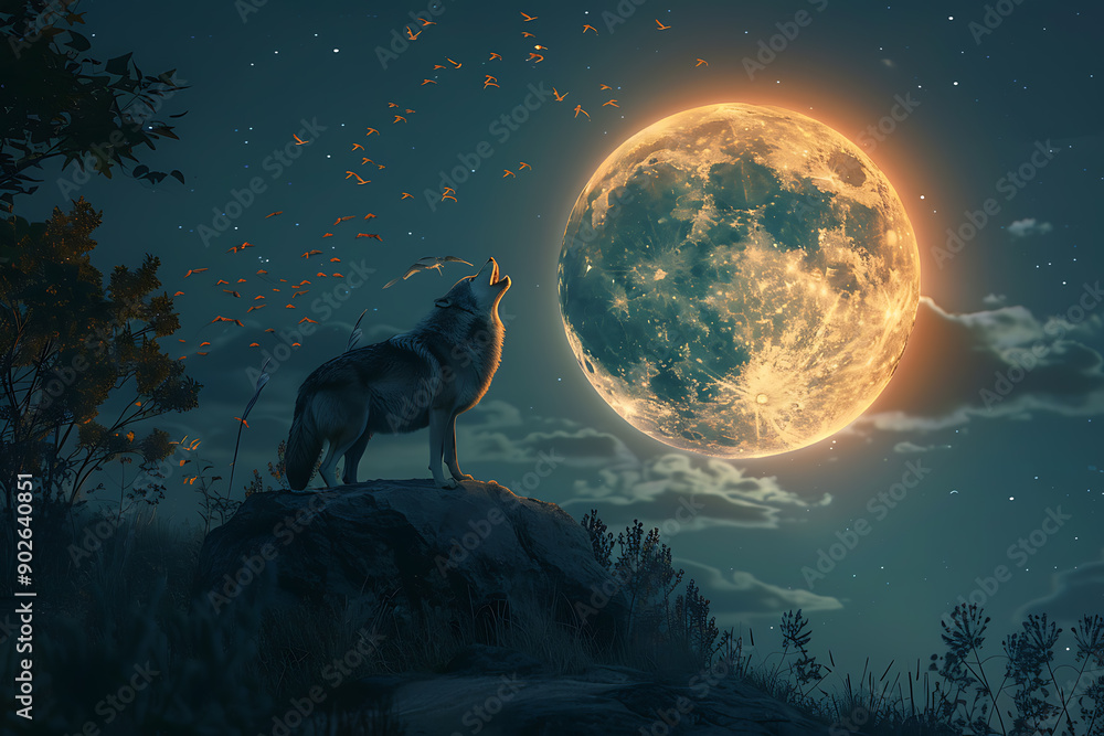 An illustration featuring a full moon with a wolf howling at it, while bats fly near the moon. The scene creates a mystical and eerie atmosphere, capturing the essence of a moonlit night in the wild. An illustration featuring a full moon with a wolf howling at it, while bats fly near the moon. The scene creates a mystical and eerie atmosphere, capturing the essence of a moonlit night in the wild.