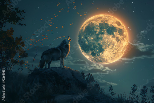 Wallpaper Mural An illustration featuring a full moon with a wolf howling at it, while bats fly near the moon. The scene creates a mystical and eerie atmosphere, capturing the essence of a moonlit night in the wild. Torontodigital.ca