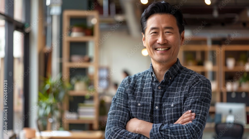 A confident Asian entrepreneur stands with arms folded in a stylish office, exuding professionalism and assurance while surrounded by a contemporary workspace A confident Asian entrepreneur stands with arms folded in a stylish office, exuding professionalism and assurance while surrounded by a contemporary workspace