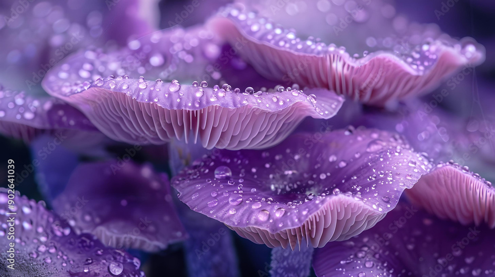 Close-up of purple mushrooms covered in dew drops, showcasing intricate details and natural beauty in a lush forest setting. Close-up of purple mushrooms covered in dew drops, showcasing intricate details and natural beauty in a lush forest setting.