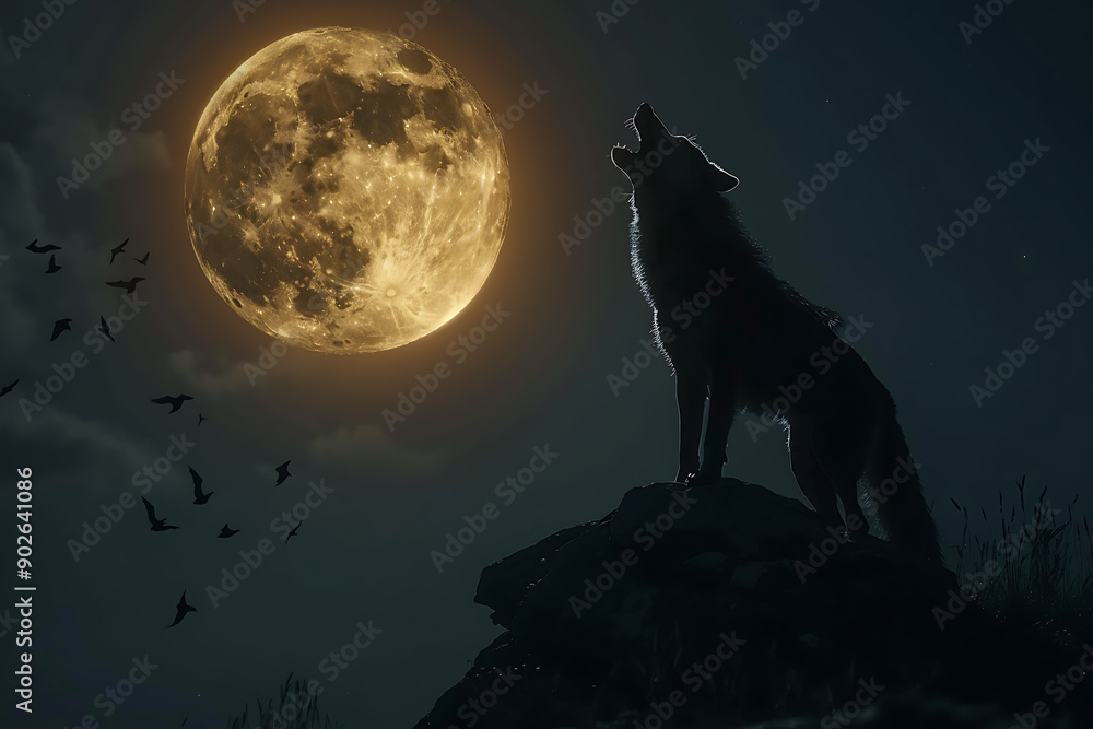 An illustration featuring a full moon with a wolf howling at it, while bats fly near the moon. The scene creates a mystical and eerie atmosphere, capturing the essence of a moonlit night in the wild. An illustration featuring a full moon with a wolf howling at it, while bats fly near the moon. The scene creates a mystical and eerie atmosphere, capturing the essence of a moonlit night in the wild.