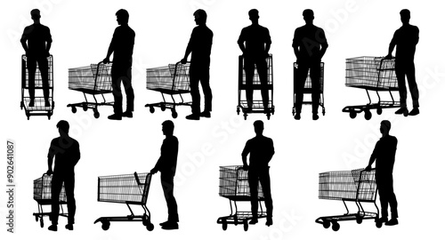 collection of different angle of silhouette male character with shopping cart  , isolated vector for graphic resources
