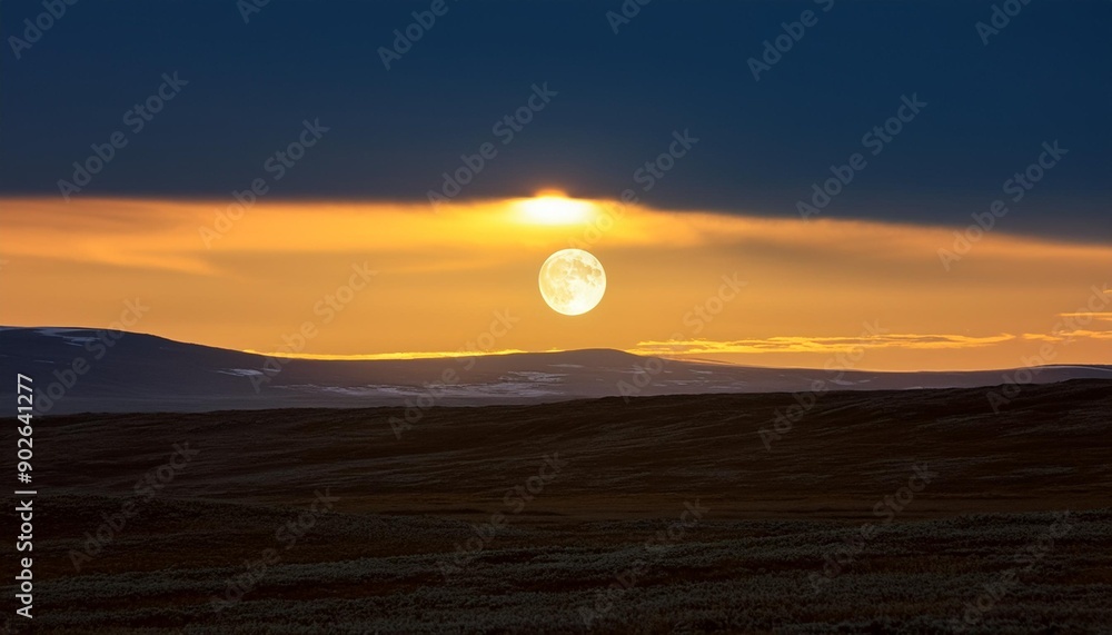 Summer Nightscape: Yellow Moon Illuminating the Arctic Tundra Summer Nightscape: Yellow Moon Illuminating the Arctic Tundra
