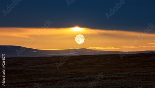 Summer Nightscape: Yellow Moon Illuminating the Arctic Tundra