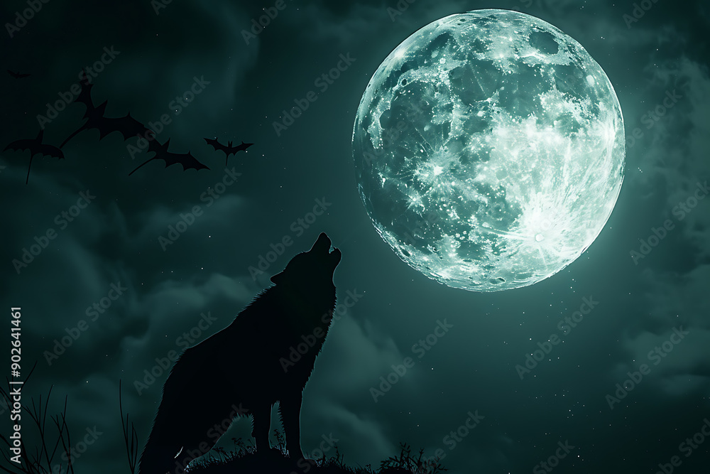 An illustration featuring a full moon with a wolf howling at it, while bats fly near the moon. The scene creates a mystical and eerie atmosphere, capturing the essence of a moonlit night in the wild. An illustration featuring a full moon with a wolf howling at it, while bats fly near the moon. The scene creates a mystical and eerie atmosphere, capturing the essence of a moonlit night in the wild.
