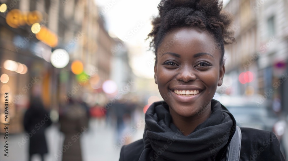 A cheerful young African woman stands on a busy city street, smiling brightly amid the lively urban atmosphere A cheerful young African woman stands on a busy city street, smiling brightly amid the lively urban atmosphere