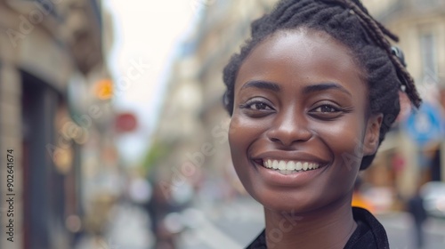 A cheerful young African woman smiles brightly while standing on a bustling city street filled with activity and urban life