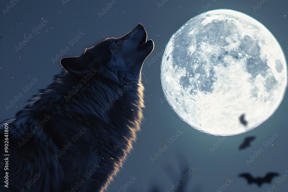 An illustration featuring a full moon with a wolf howling at it, while bats fly near the moon. The scene creates a mystical and eerie atmosphere, capturing the essence of a moonlit night in the wild. An illustration featuring a full moon with a wolf howling at it, while bats fly near the moon. The scene creates a mystical and eerie atmosphere, capturing the essence of a moonlit night in the wild.