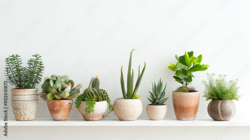 Different houseplants are artfully arranged on a clean shelf, showcasing a variety of textures and colors against a bright, transparent backdrop Different houseplants are artfully arranged on a clean shelf, showcasing a variety of textures and colors against a bright, transparent backdrop