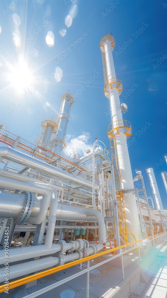 Obraz premium A modern brewery with tall, gleaming equipment under bright blue sky, showcasing advanced brewing technology and infrastructure.