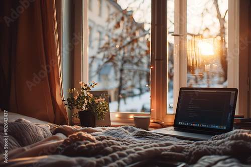 A cozy work-from-home setup featuring a tidy workplace with a comfortable chair, desk, laptop, and decorative elements. The scene highlights the balance between productivity and comfort in a home offi photo