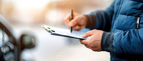 Person in blue jacket writing on a clipboard outdoors, capturing important information. Focus on hand and pen. photo