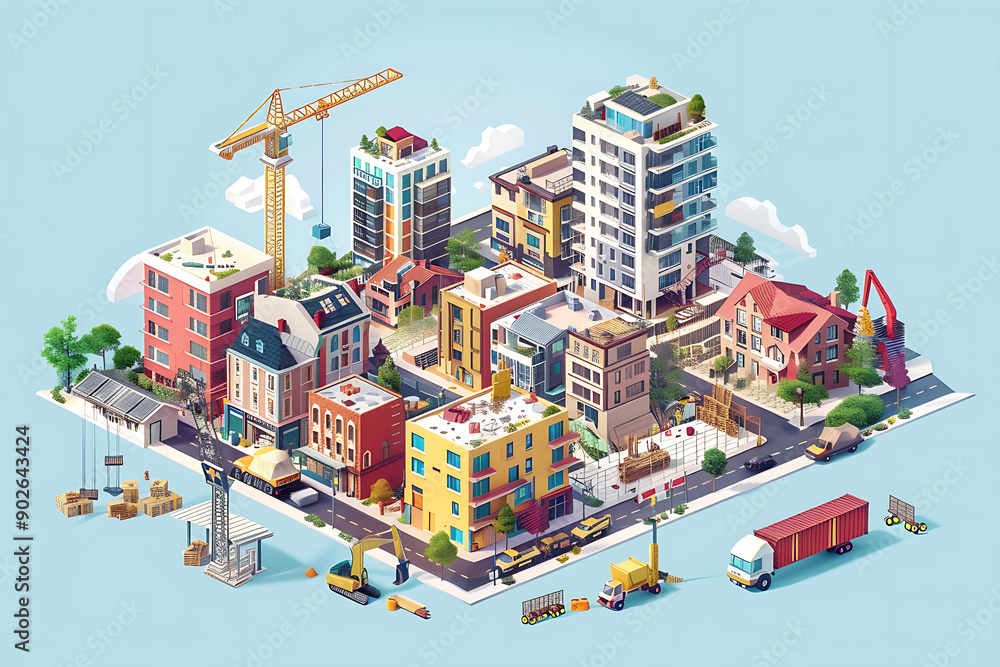An illustration depicting various aspects of real estate, including houses, apartments, commercial buildings, and construction sites. The scene emphasizes property investment, housing market trends, a An illustration depicting various aspects of real estate, including houses, apartments, commercial buildings, and construction sites. The scene emphasizes property investment, housing market trends, a
