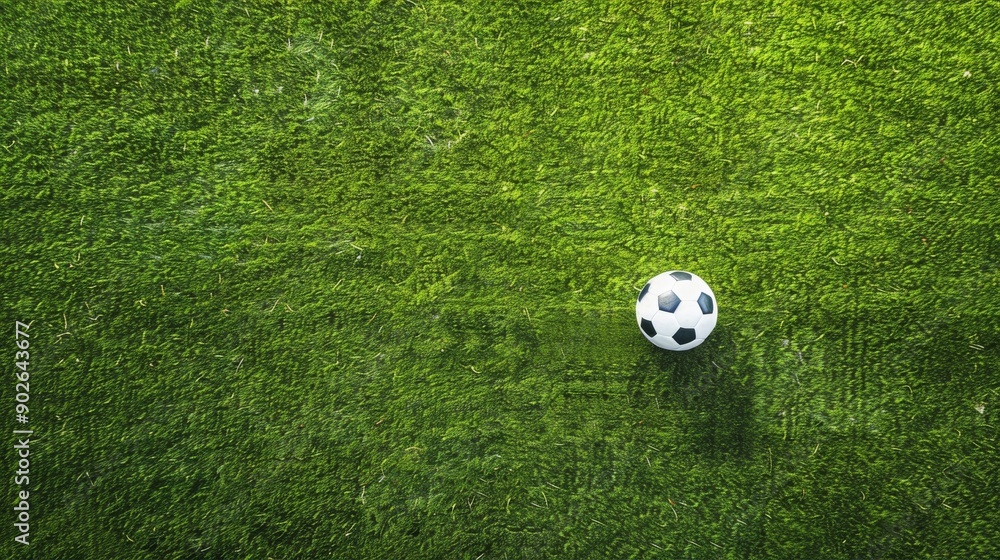 A pristine soccer field features vibrant green grass, with a white soccer ball positioned at the center, ready for play beneath a clear blue sky A pristine soccer field features vibrant green grass, with a white soccer ball positioned at the center, ready for play beneath a clear blue sky