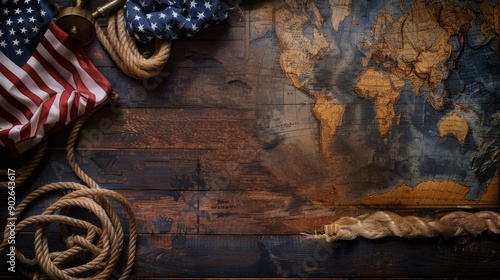 A nautical themed tabletop arrangement showcases a weathered world map, an American flag, and coiled rope, evoking a sense of adventure and travel photo