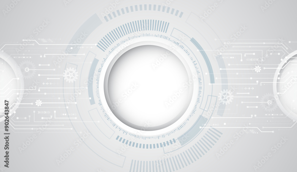 Abstract grey high tech background consisting of printed circuit board circles and other technological elements. Digital communication, data protection, futuristic presentation, science cover.