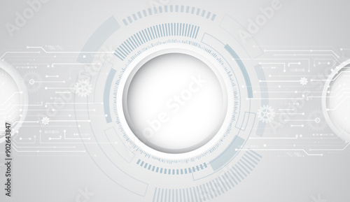 Abstract grey high tech background consisting of printed circuit board circles and other technological elements. Digital communication, data protection, futuristic presentation, science cover.