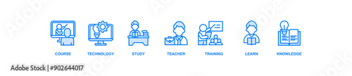 Online education banner web icon vector illustration concept with icon of course, technology, study, teacher, training, learn and knowledge
