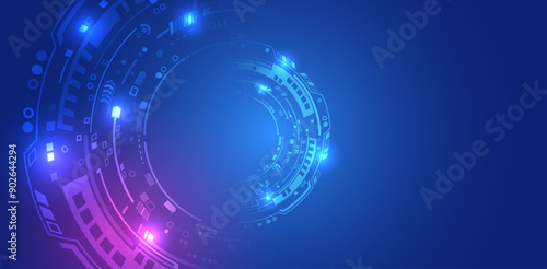 Abstract blue high-tech background consisting of circles and other technological elements. Digital communication, data protection, futuristic presentation, scientific cover.