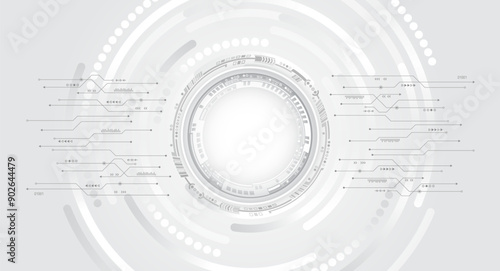 Digital communication, data protection, futuristic presentation, science cover. Abstract grey high tech background consisting of printed circuit board circles and other technological elements.