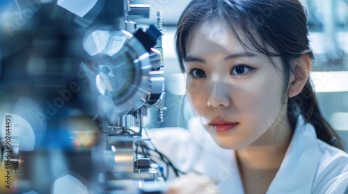 Female scientist focusing on advanced research equipment in a laboratory setting. Innovation and technology in the field of science.