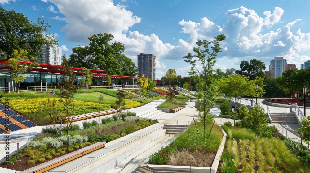 A vibrant urban park features modern architecture, green roofs, and solar panels, ideal for outdoor activities in a lush setting under a clear blue sky A vibrant urban park features modern architecture, green roofs, and solar panels, ideal for outdoor activities in a lush setting under a clear blue sky