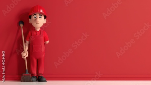 Animated 3D janitor character sweeping the floor with a broom in a deep depth of field  of a professional cleaner or custodian performing routine maintenance work in a home photo