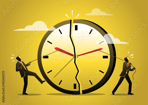 Businessman using rope to pull minute and hour hand to break the clock