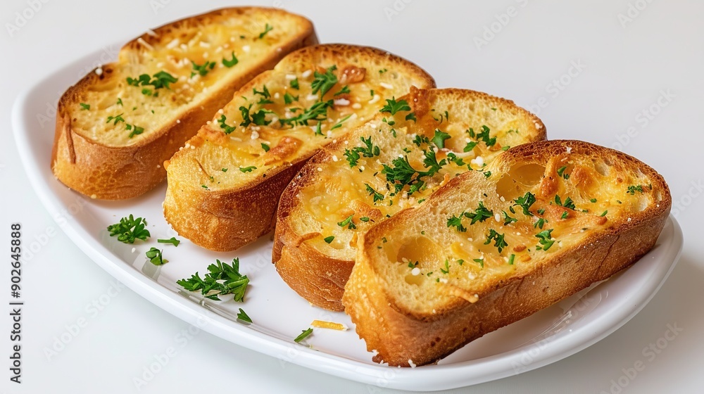 On a white background, garlic bread on a plate, Generative AI. On a white background, garlic bread on a plate, Generative AI.