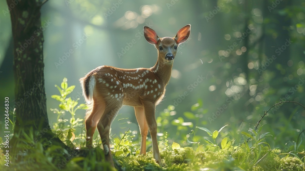 A baby deer standing in a sunlit forest clearing, morning light streaming through trees A baby deer standing in a sunlit forest clearing, morning light streaming through trees