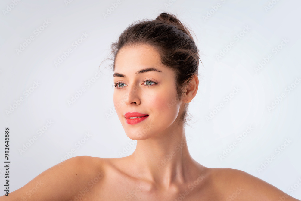 Headshot of a beautiful woman with clean skin and red lipstick against isolated background Headshot of a beautiful woman with clean skin and red lipstick against isolated background