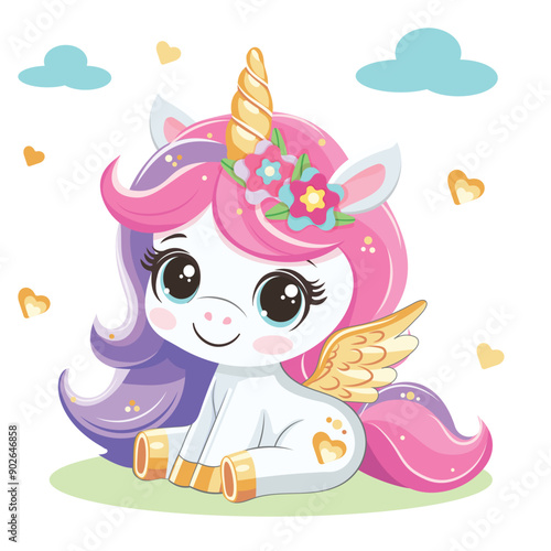 Cute modest unicorn with golden horn and wings, sitting on a cloud with a rainbow. Vector illustration in flat cartoon style
