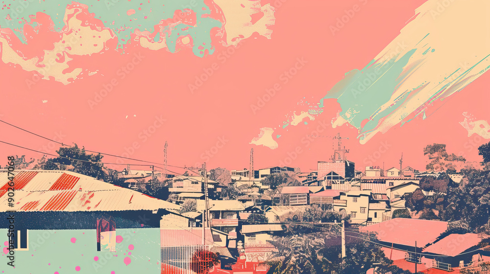 Fototapeta premium Risograph artistic riso print travel poster, card, wallpaper or banner illustration, modern, isolated, clear, simple of Bukavu, Democratic Republic of the Congo. Artistic, screen printing, stencil