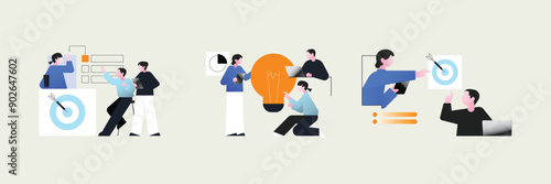 Business development isolated cartoon vector illustrations set. Diverse people discussing business plan, brainstorm startup idea, entrepreneur develop mission vector cartoon.