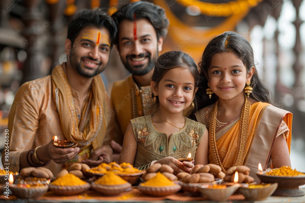 Fototapeta premium Celebrating Cultural Heritage With Family in Traditional Attire During Festival Season at a Vibrant Market