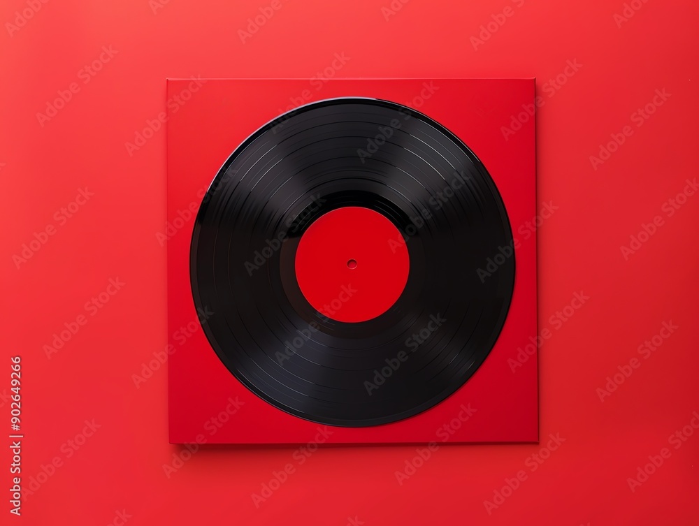 Obraz premium Black vinyl record on red background. Retro music concept with vibrant contrast perfect for nostalgic and artistic themes.
