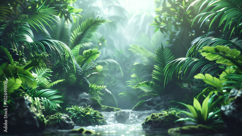 Lush Tropical Rainforest with Stream and Sunlight